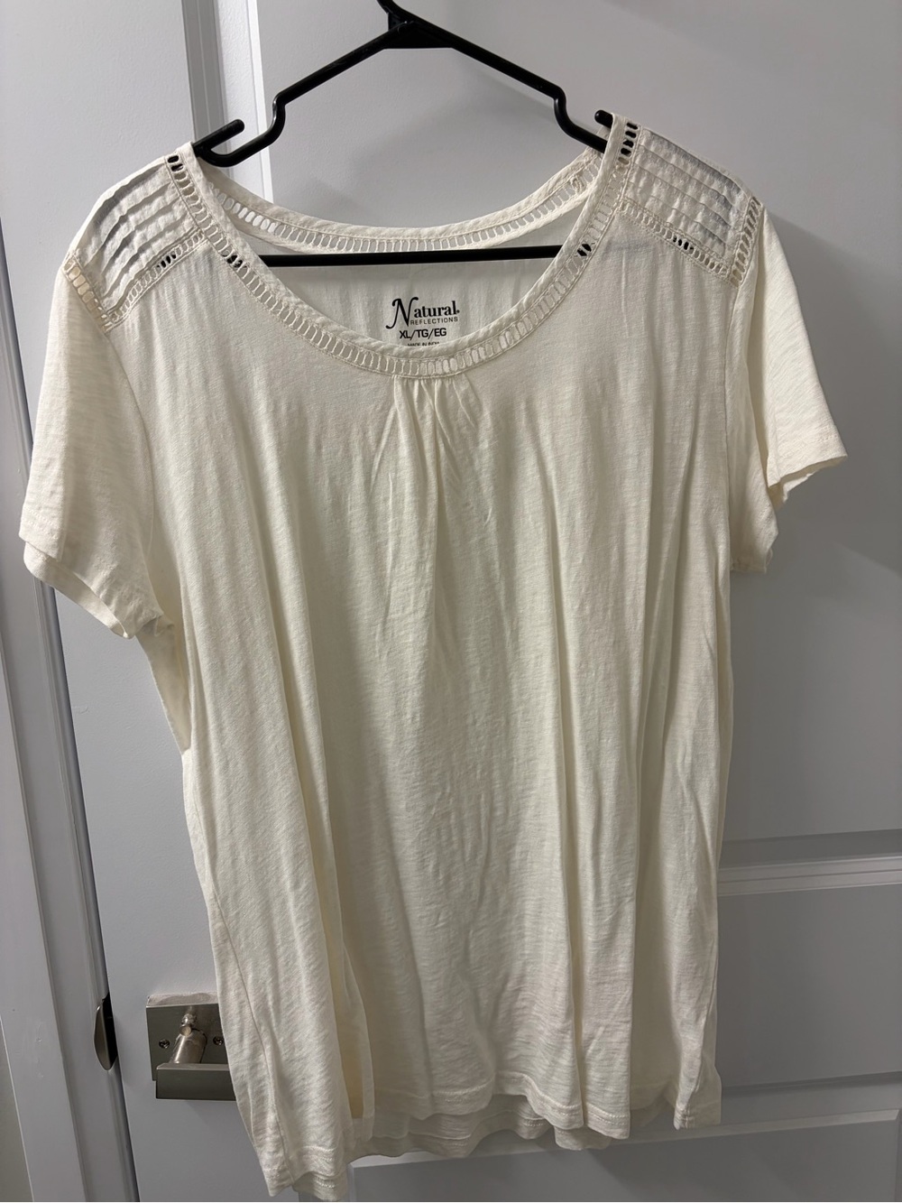 Natural Reflections Cream Short Sleeve Scoop Neck Top with Lace Yoke